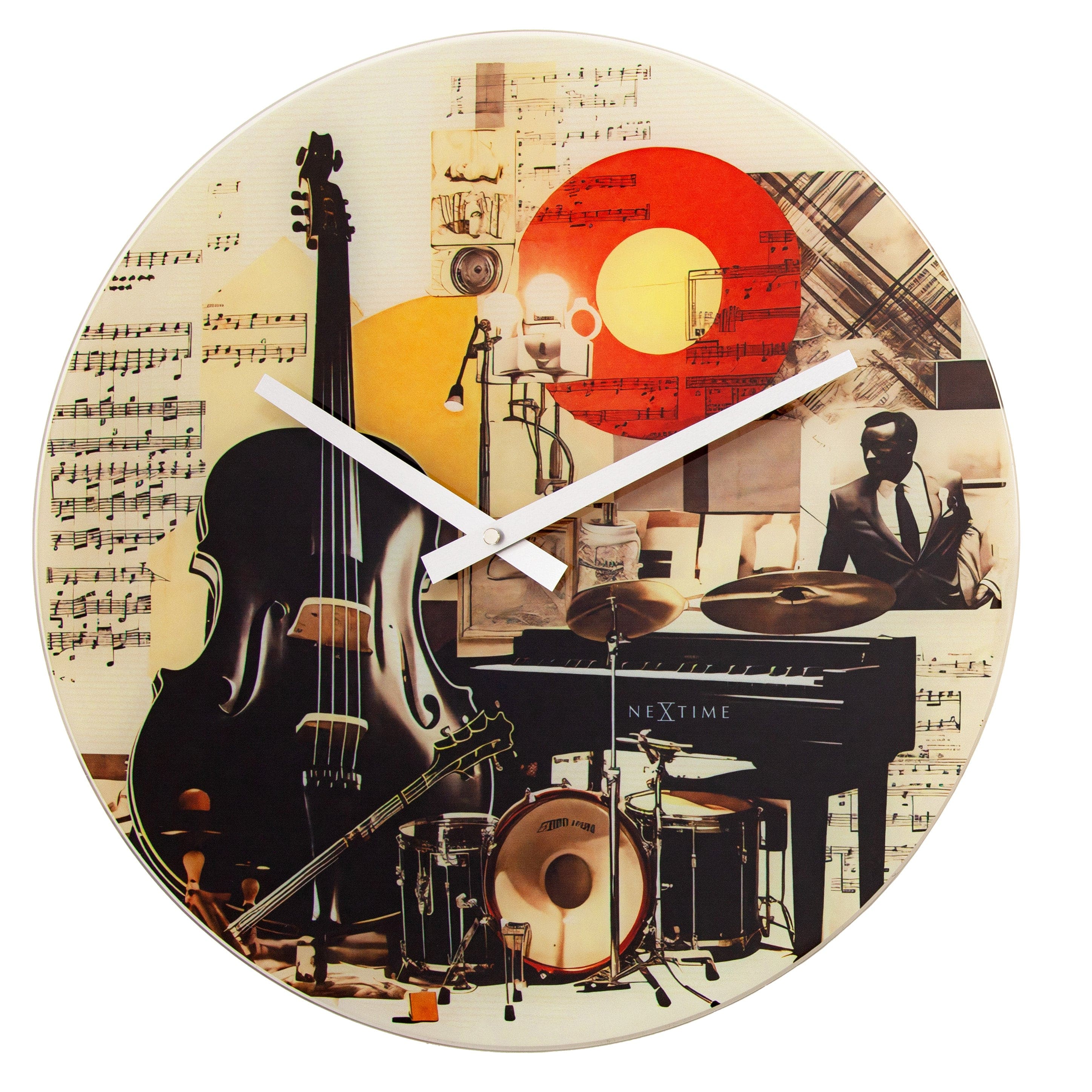 NeXtime wall clock with 43cm glass face, multicolour design, silent movement, featuring blue tones and modern style.